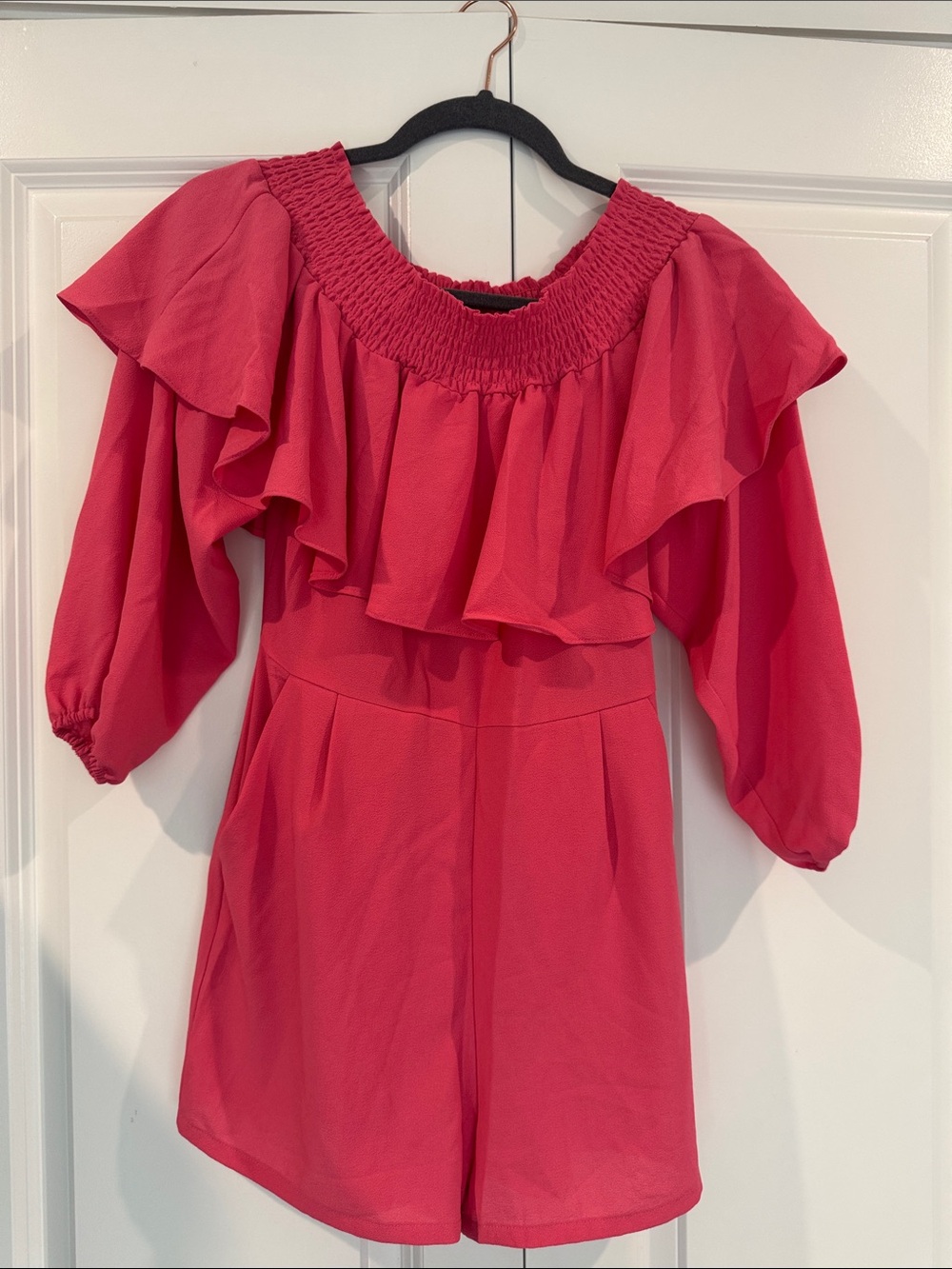 1. State Pink Off-Shoulder Ruffle Romper